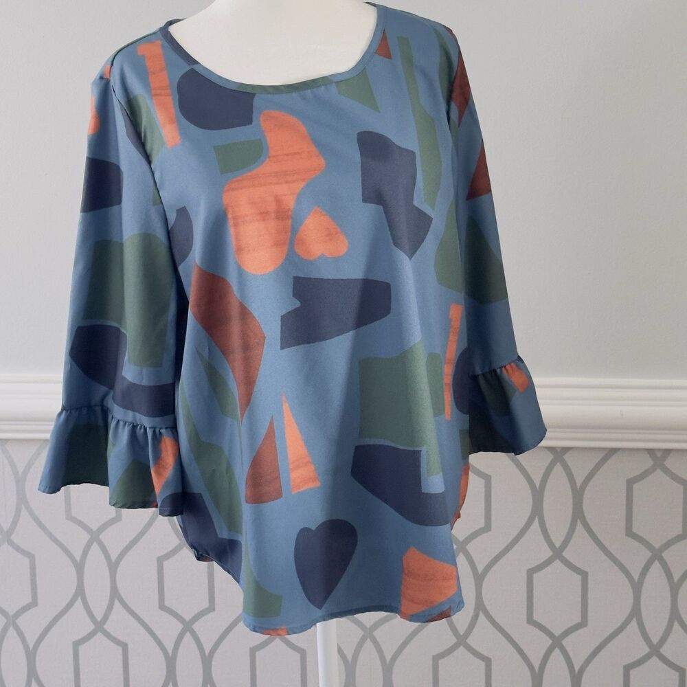 Emery Rose Blue Green Orange Blouse 3/4 Bell Sleeve SZ L Geometric Chic Classy